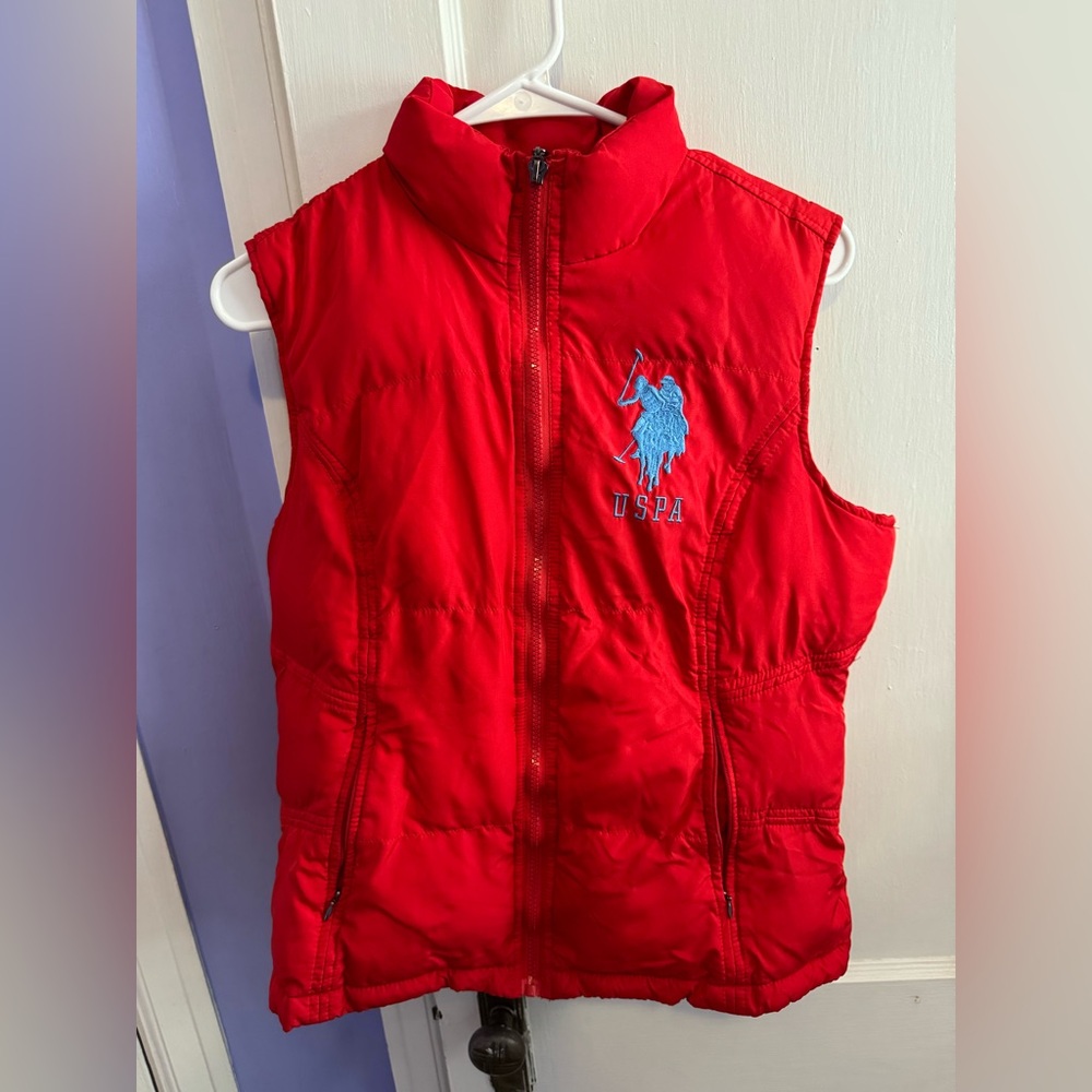U.S. Polo Assn. Red Quilted Puffer Vest with Blue Logo